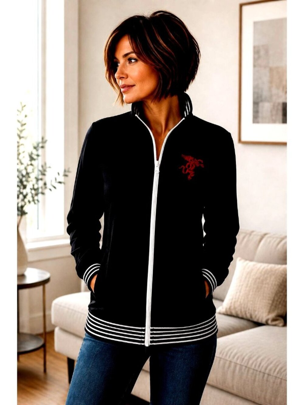 Fireball Track Jacket Sporty Black J. America Full Zip Striped Trim Women Sz M